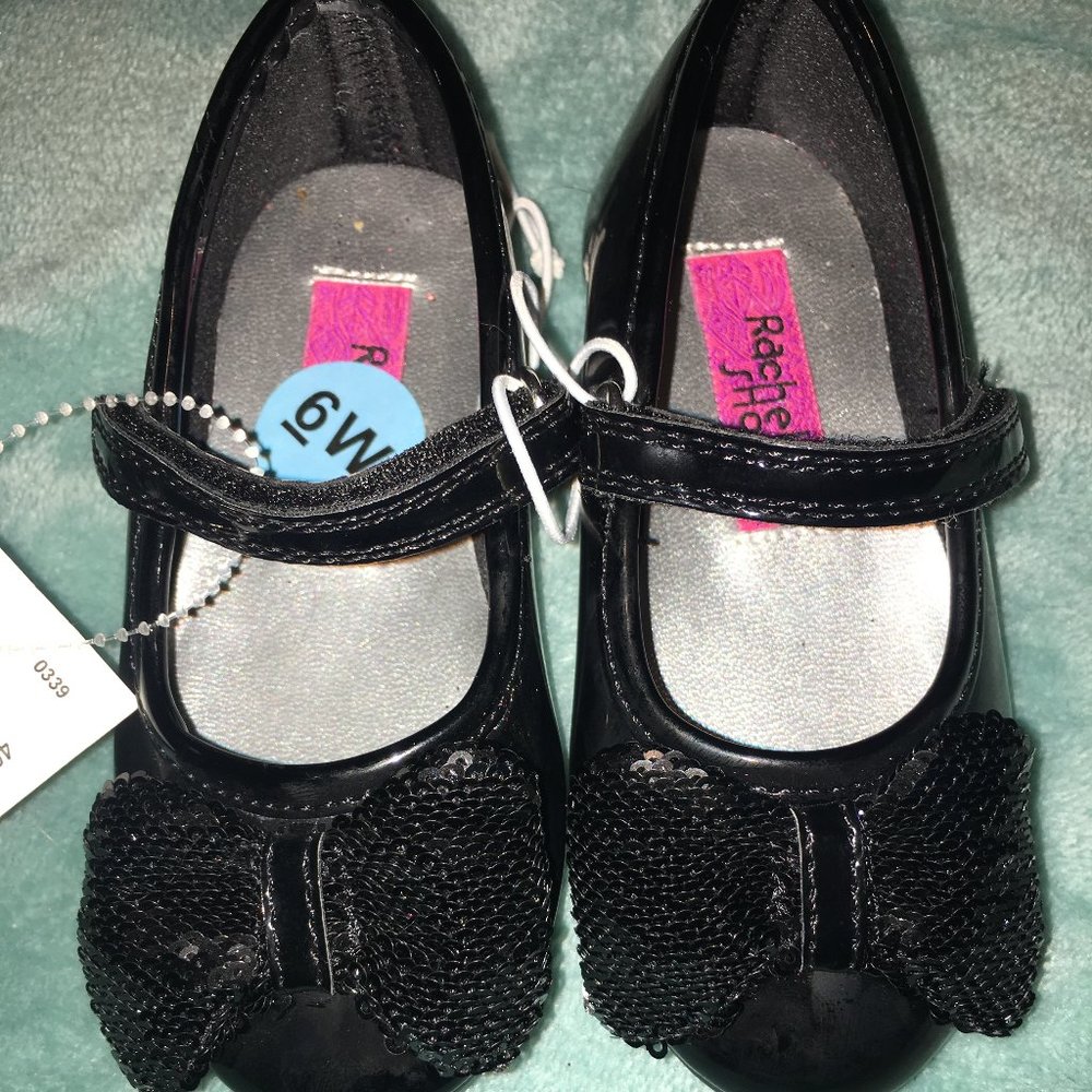 Baby Girls size 6 Black Dress Shoes with Velcro Strap Sequin Bow